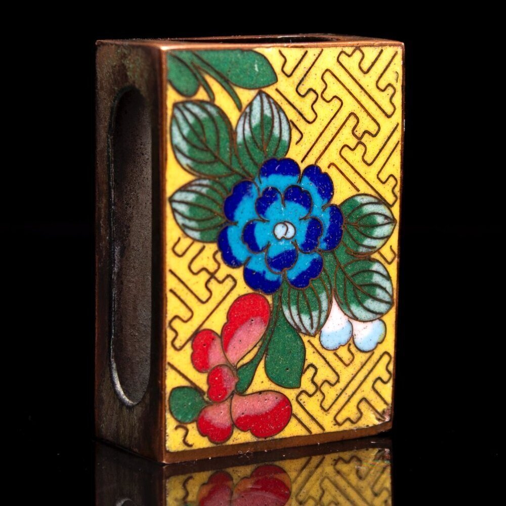 Vintage Cloisonné Enamel Copper Matchbox Holder With Floral Design - Picture 7 of 7
